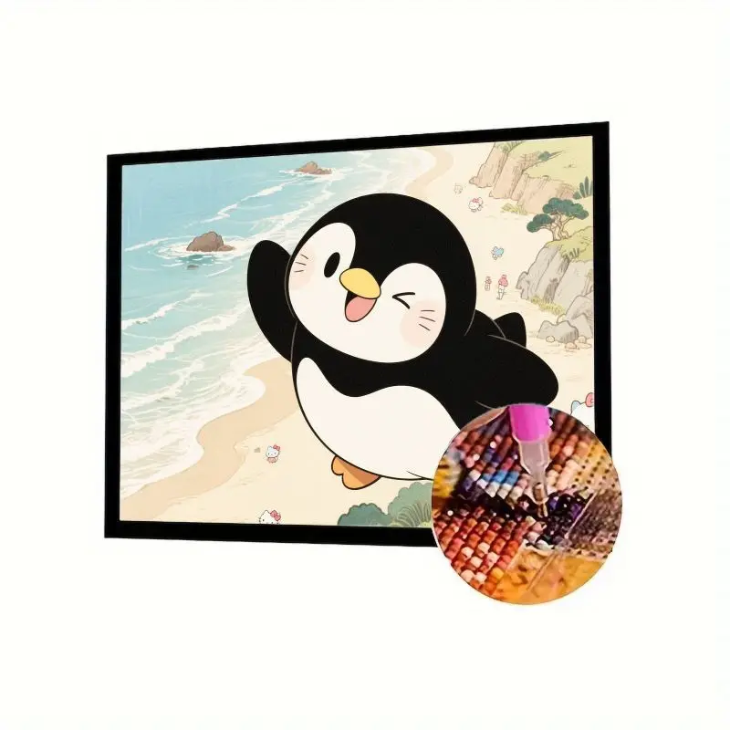 

1 шт., 5D полный дрель, набор для алмазной живописи «сделай сам», очаровательный мультяшный размахивающий пингвин и пляжная сцена «Hello Kitty», сверкающие стразы