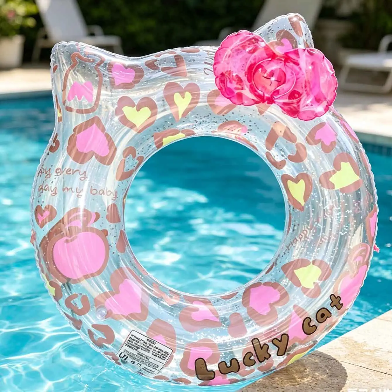 1PC Inflatable Cat Swim Ring Transparent Glitter Pool Floats with Bow Heart Pattern Pool Tube for Summer Beach Party