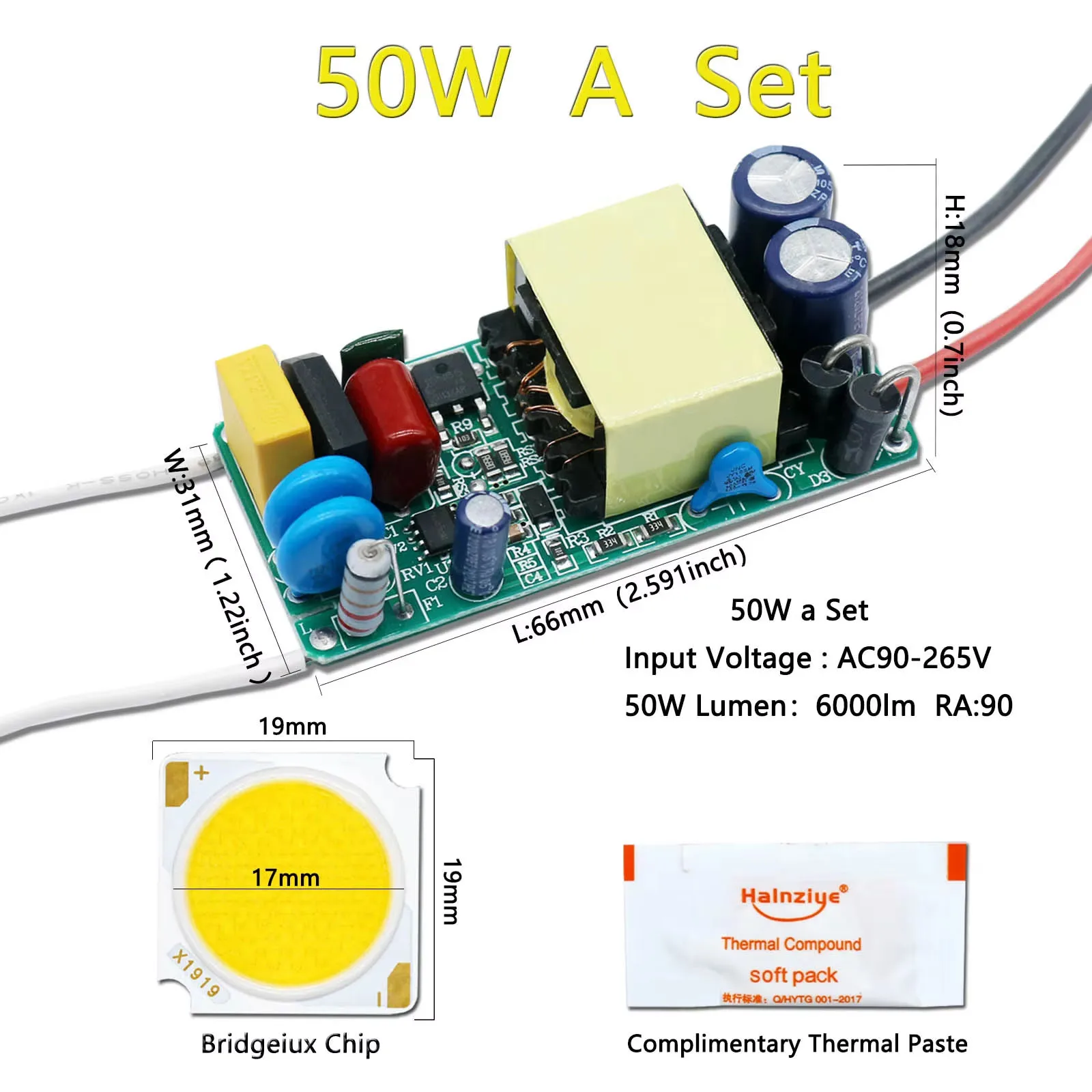 Zestaw LED 10W 20W 30W 40W 50W 19*19mm Wysoka jasność Bridgelux Chip Żarówka LED Diody + Zestaw sterownika LED do reflektora szynowego