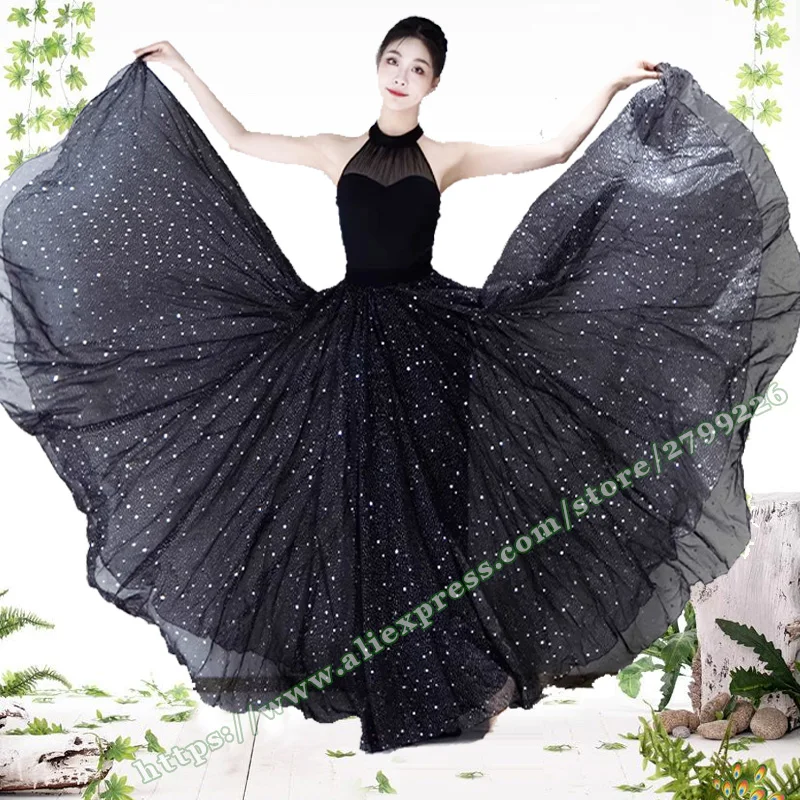 

2024 Summer plus size xxxxxxl Size Flowy Black Sequined Long Skirt Elegant Women's Skirts Dance Double Full Circle Skirt women