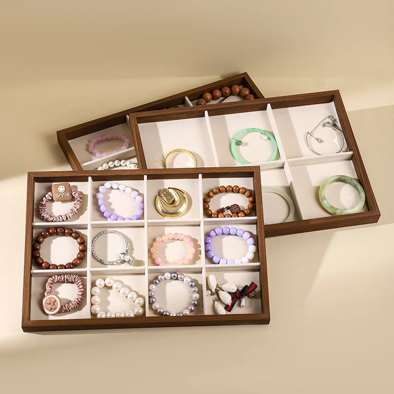 Schmucktablett aus Walnussholz mit Samtfutter, stapelbarer Organizer für Ringe, Halsketten, Armbänder, zur Aufbewahrung und Messe