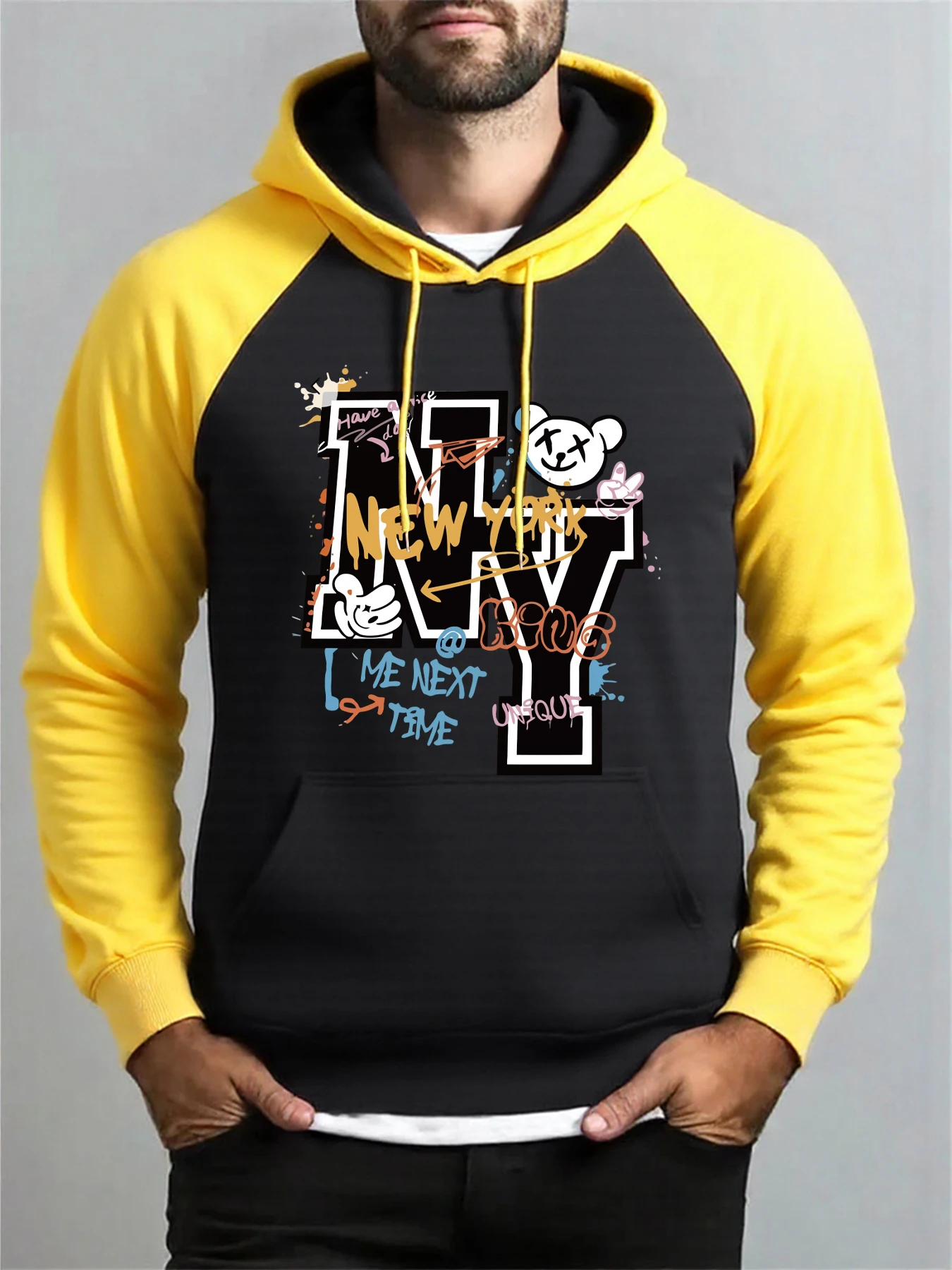 

New York Street Graffiti Printed Man Raglan Hoodies Fashion Warm Hoody Casual Loose Y2K Sportswear Fleece Male Pullovers