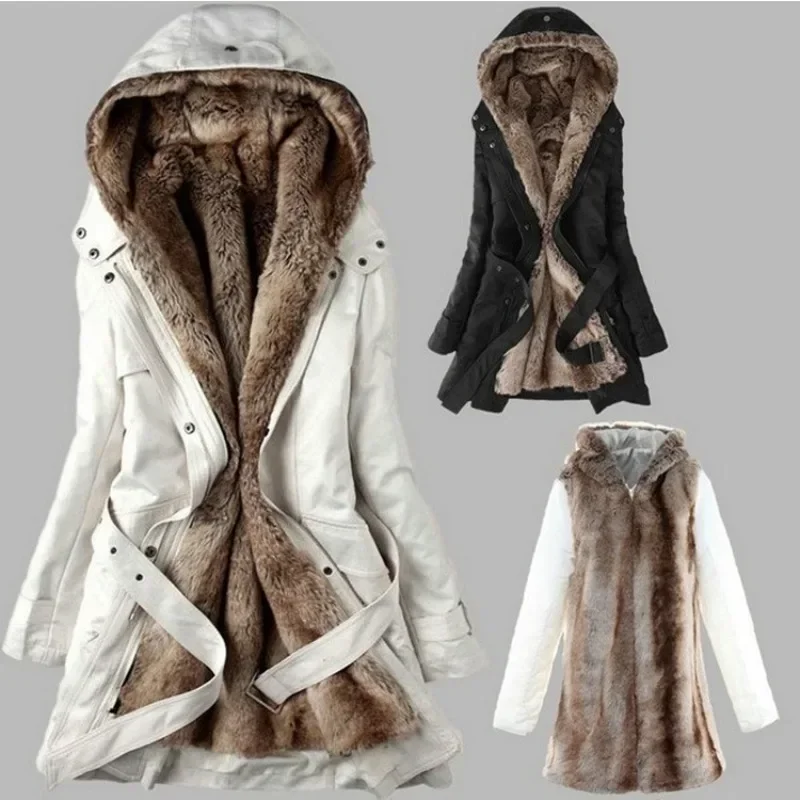 3 in 1 Winter Coat Women's Hooded Windbreaker Furry Inner Jacket Thick Warm Mid Length Parka Casual Fashion Cold Outerwear