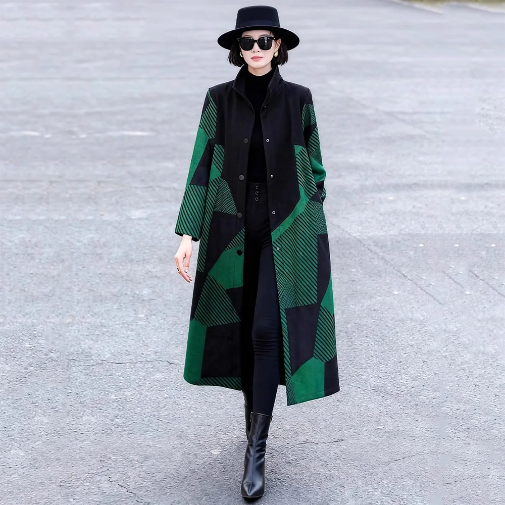 

New Women Striped Woolen Coat Autumn Fashion Stand Collar Single Breasted Loose Waist Wool Blended Coat Casual Simplicity Coat
