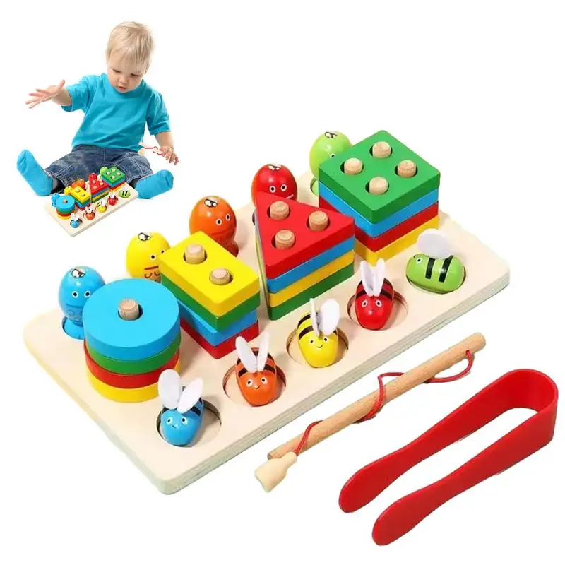 Wooden Shape Sorter Wooden Blocks Fishing Stacking Toy Montessori Shape Sorter Toys Intelligence Educational Toys For Kids Gifts