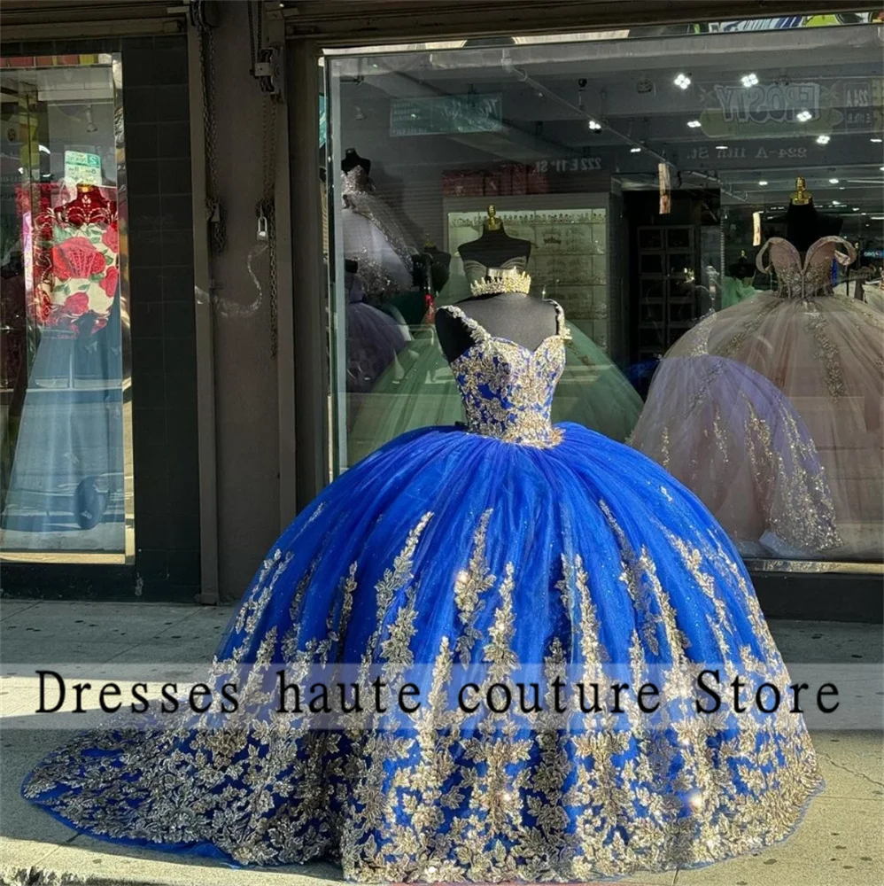 Lorencia-Vestidos De quinceañera Azul Real, vestido De baile De quinceañera, Apliques De encaje dorado con cuentas, dulce vestido De 16 años, 2024