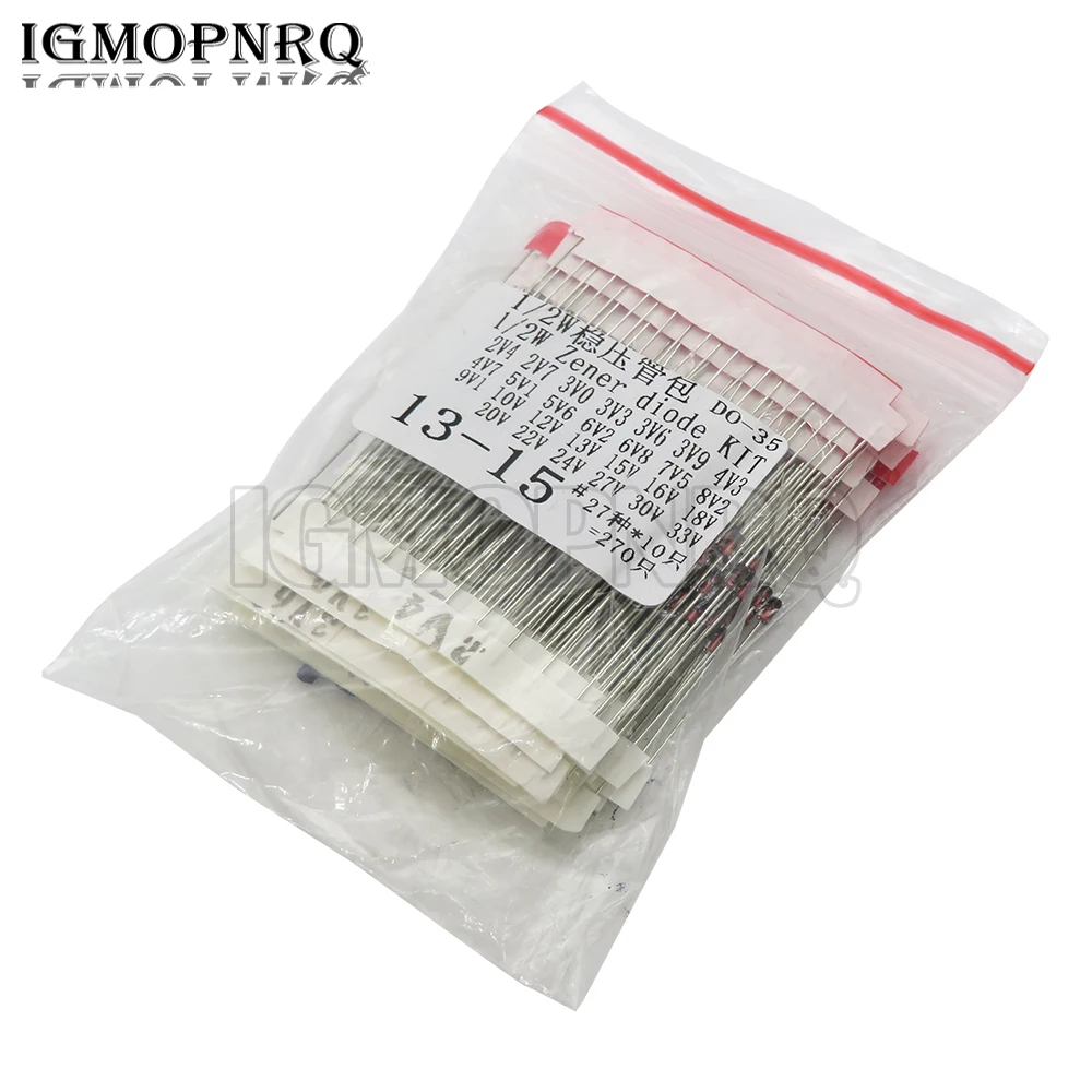 270pcs 0.5W Zener Diode kit Assortment Set 1/2W 2V4-33V Zener Diode pack 2V4 12V 18V 5V1 5V6 3V3 3V6 4V3 4V7 6V2 6V8 7V5 20V 22V