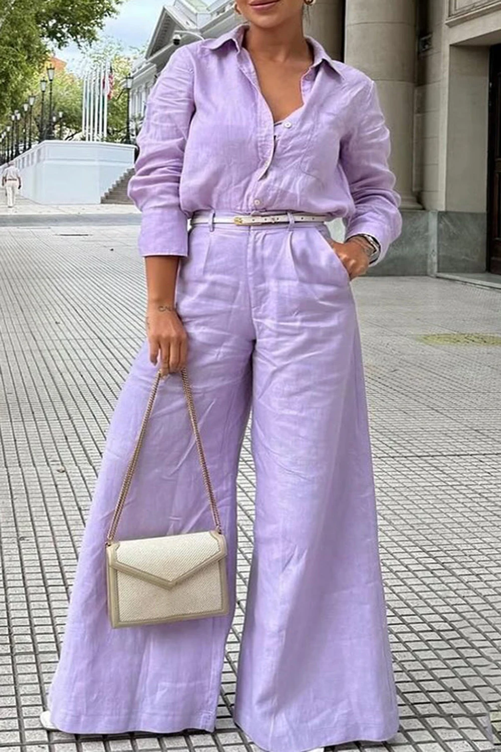 

Plus Size Business Casual Purple Casual Shirt Collar Long Sleeve Pocket Two Piece Pant Sets