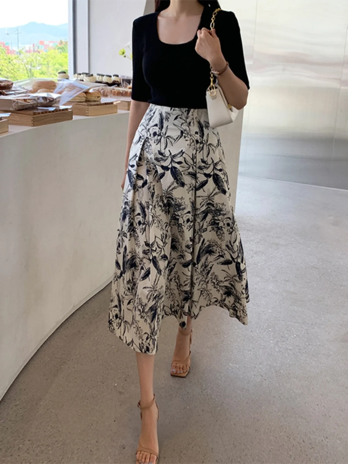 

New Chinese Sle Watercolor Print High Waist A-Line Midi Skirt Women's Summer Thin f-length Umbrella Skirt Casual Commute