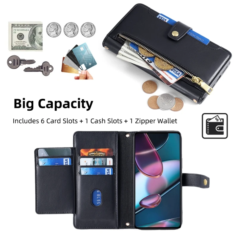 Zipper Wallet Case Multi Card Flip Cover For  Moto G Power G30 G Pure X30 Edge 30 E22 E32S G72 Removable Hand Strap Phone Case