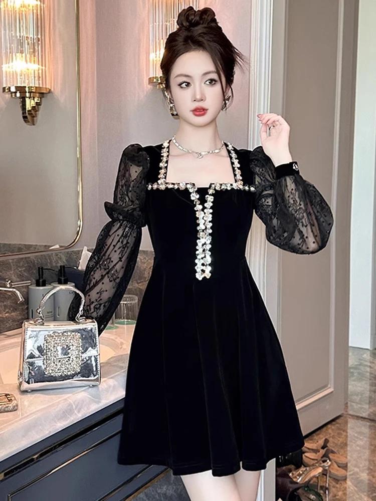 

Женская одежда Шикарное черное сексуальное тонкое короткое платье трапециевидной формы с квадратным вырезом Элегантное роскошное женское платье для вечеринки, дня рождения, фиеста, весенняя новинка