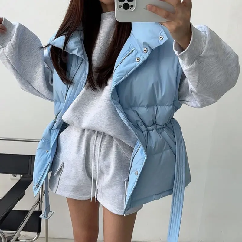 

Корейский шикарный осенне-зимний новый товар с воротником-стойкой, однобортный, на шнуровке, на талии, универсальный толстый жилет, куртка