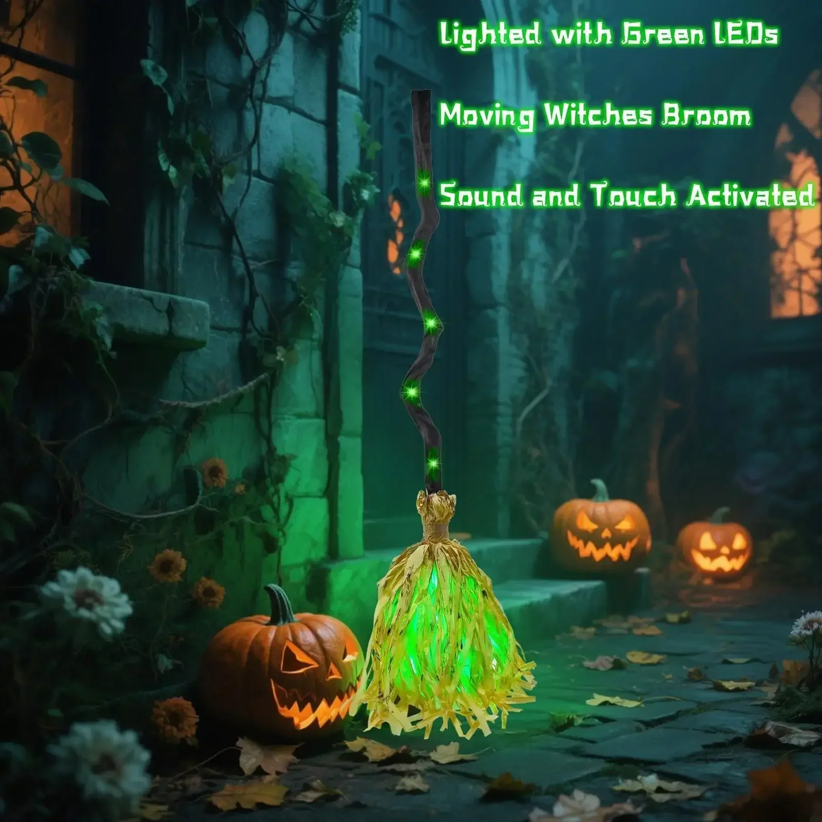 1/2/4 Stück animierter leuchtender Hexenbesen, der mit unheimlichen Geräuschen tanzt, Halloween-Zauber-Requisite für Spukhaus-Partyraum – Detail 6