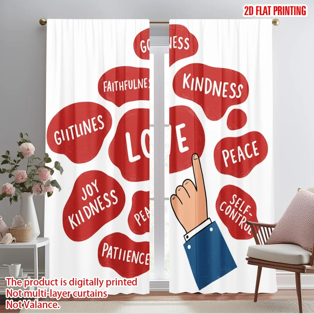 

2pcs 2D flat printing Curtain Goodness Kindness Patience Love Polyester Without Electricity Festive Curtains Perfect for Indoor