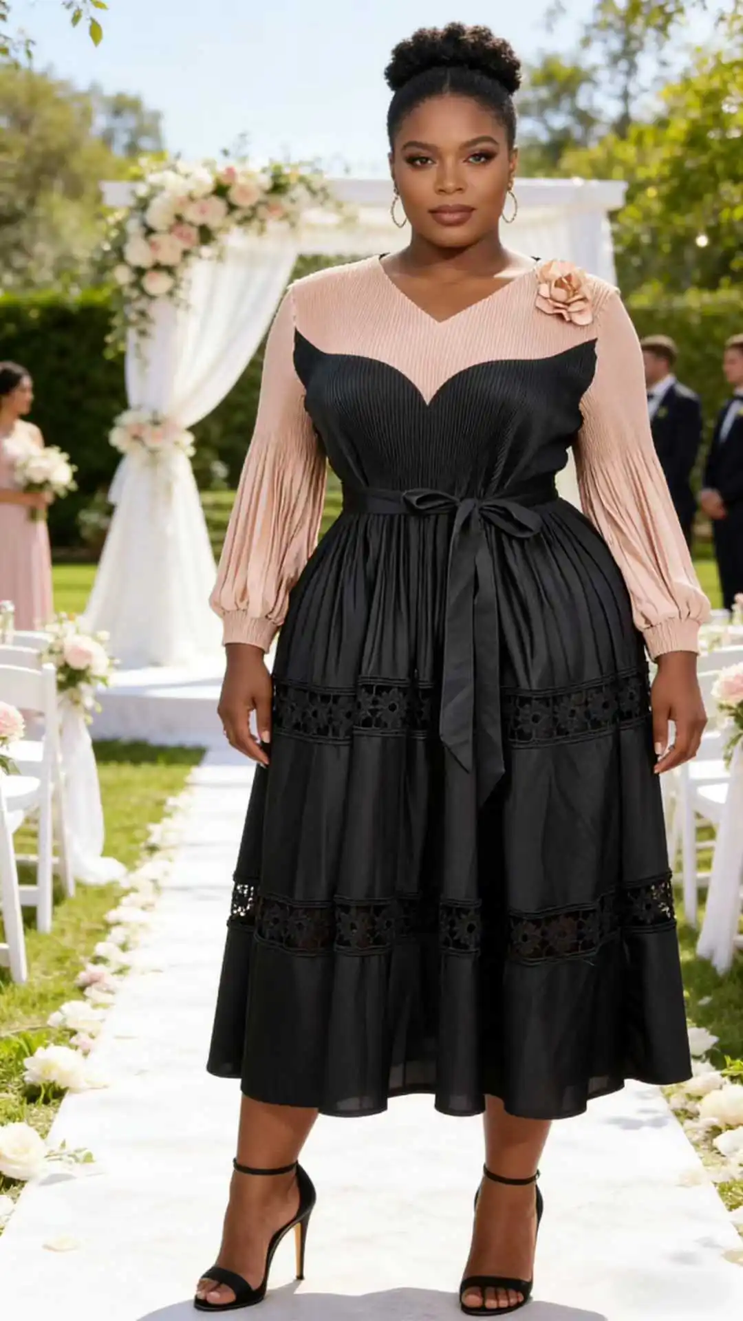 ANLAN Miyaki Pleated Plus-Size Dress High-End Feel Long Sleeves Round Neck with Belt Waist-Cinching High Elasticity Dresses 3A59