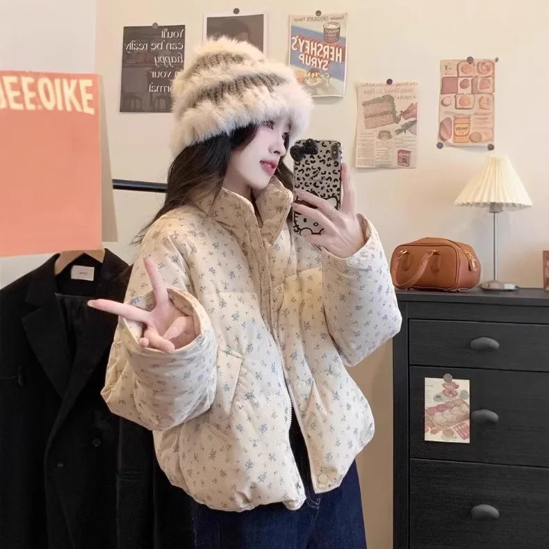 Vintage Short Floral Cotton For Women Winter Design Student Warm Thickened Puffer Jacket Casual Coat
