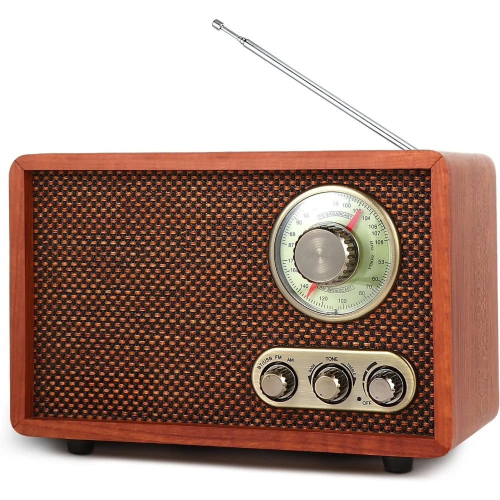 

Vintage Retro Wood Table Radio with Bluetooth Speaker USB SD Player AM FM for Kitchen Living Room Rotary Knob