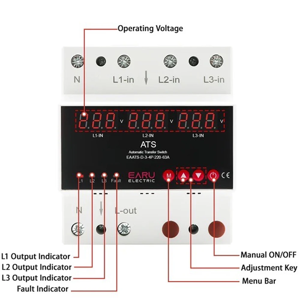 63A/100A 3 Phase 4 Wire Adjustable Over Under Voltage Protector ATS 3 Way Power Switch 220V Automatic Recovery Protective Device