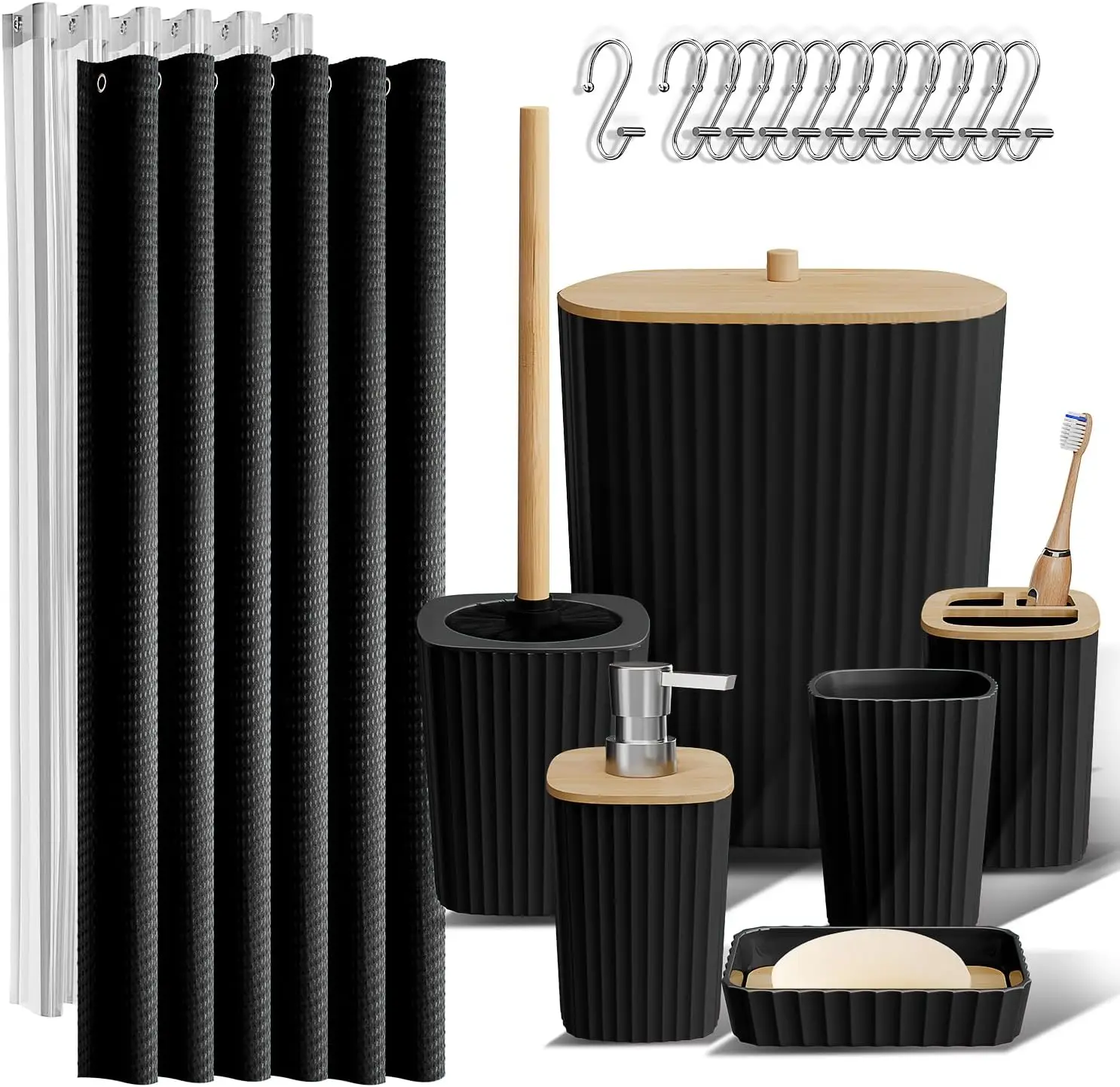 

Complete Bathroom Set - Shower Curtain, Toilet Brush, Trash Can & Soap Dispenser in Black - 20-Piece Accessory Collection