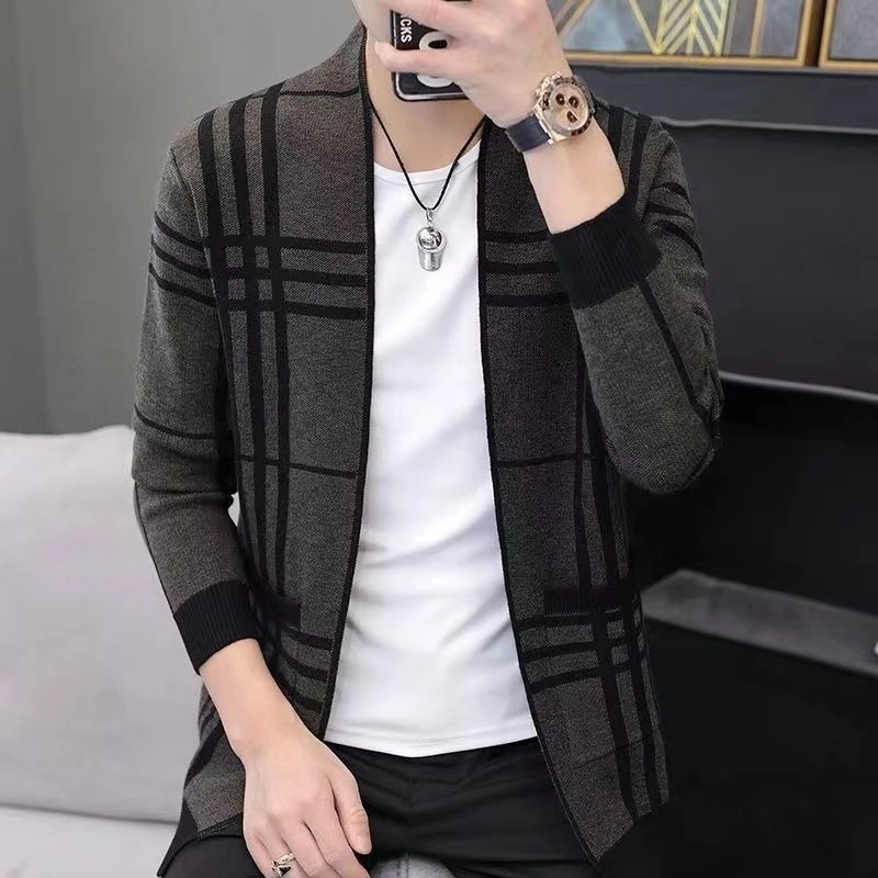 

Men's Spring Autumn Plaid Lightweight Knit Cardigan Relaxed Fit Work Ready Business Wear Premium Hot Sale Korean Fashion
