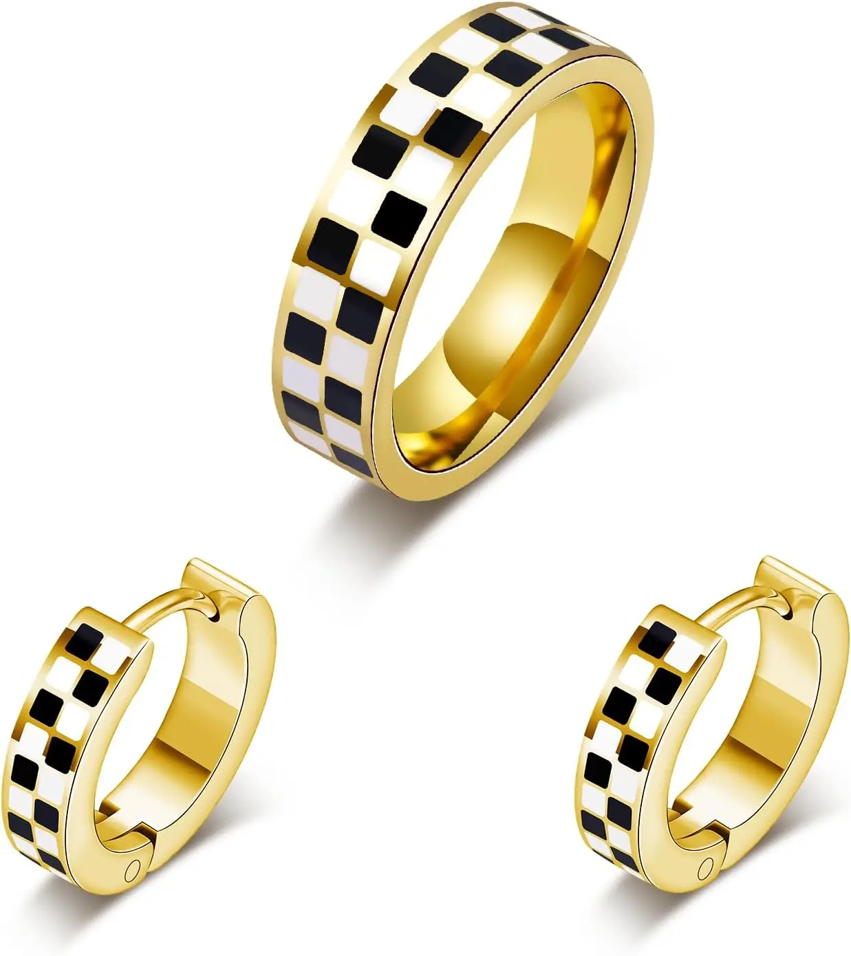 

Checkered Ring and Hoop Earring Set in Gold Plated Stainless Steel Hypoallergenic Gift Ready