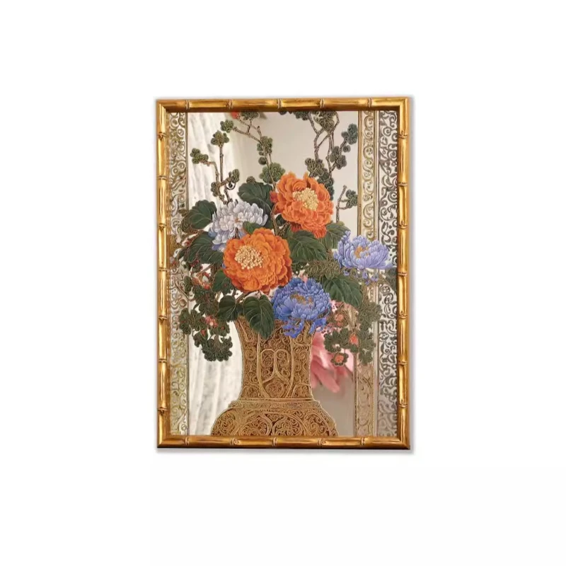 

French retro light luxury oil painting, European flower, medieval literary living room, mirror solid wood decorative painting