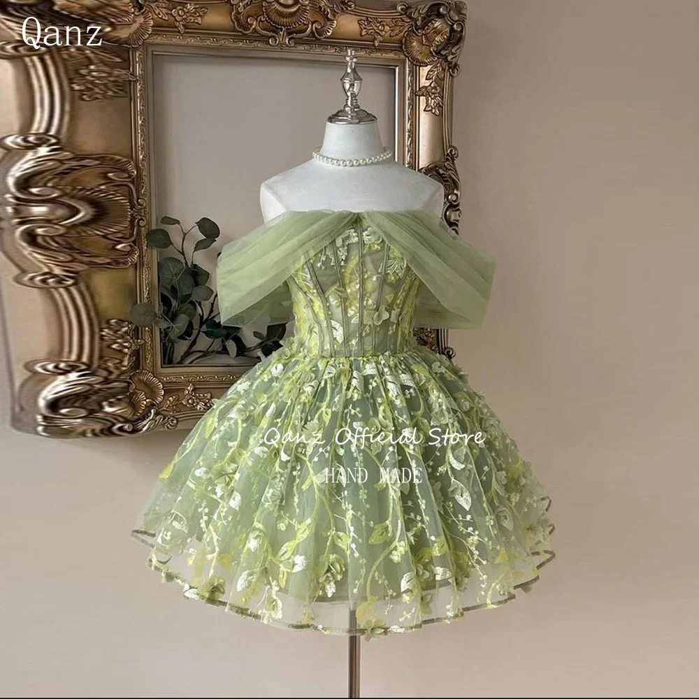

Qanz Fairy Tulle Short Prom Dress Off The Shoulder Sage Green Appliques Birthday Dresses Woman Short Vestido De Festa Customized