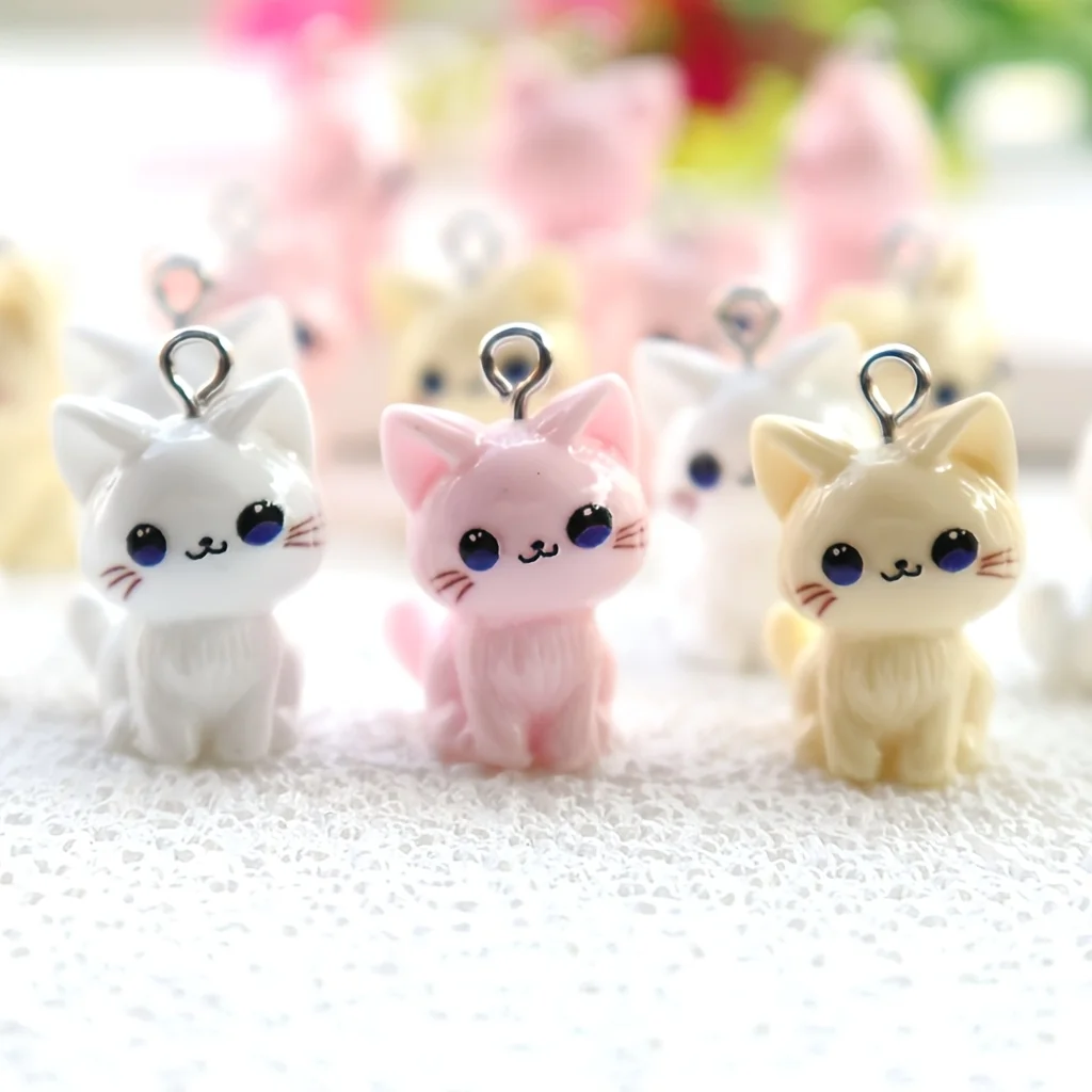 6pcs Cute 3D Cat 3D Resin Charms - Kawaii Sitting Cat Pendants in Pink, White & Cream, Adorable Animal -Themed Embellishments