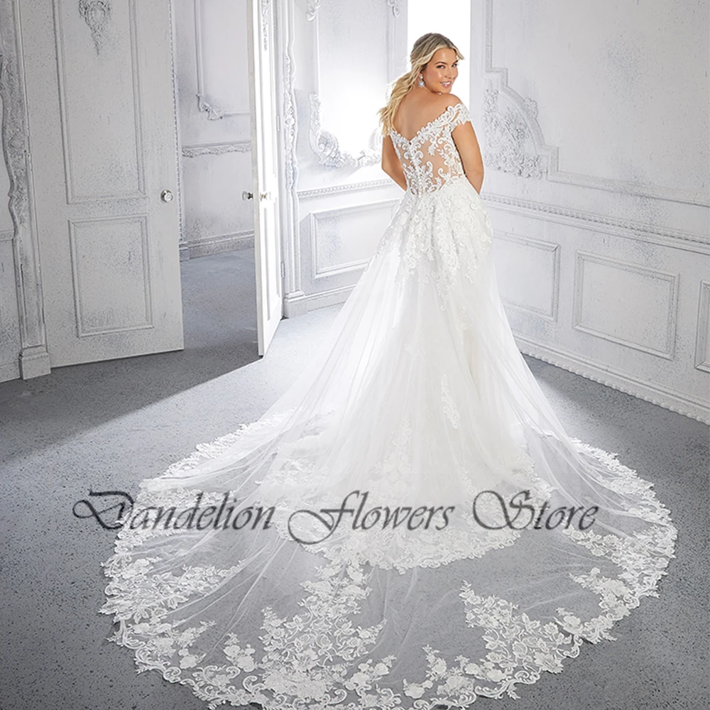 High Quality Plus Size Wedding Dresses For Bride V-Neck Off The Shoulder Bride Gown Lace Applique Sweep Train Robe De Mariée