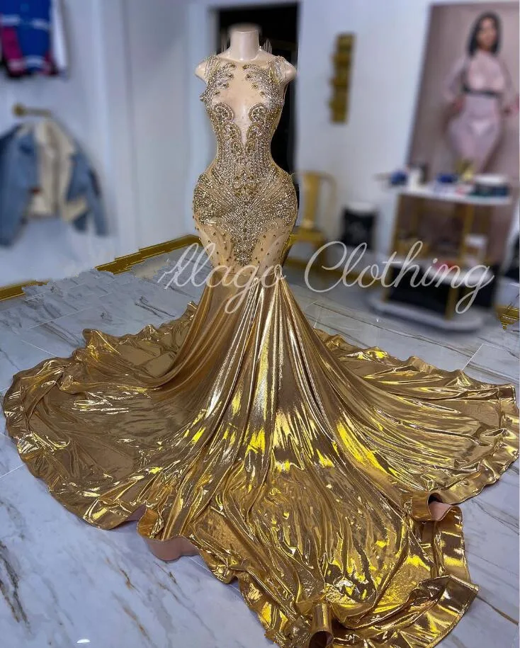 Gold Gillter Mermaid Evening Formal Dress Luxury customsized Diamond Crystal Black Girl Prom Birthday Queen Gown Robe De Bal