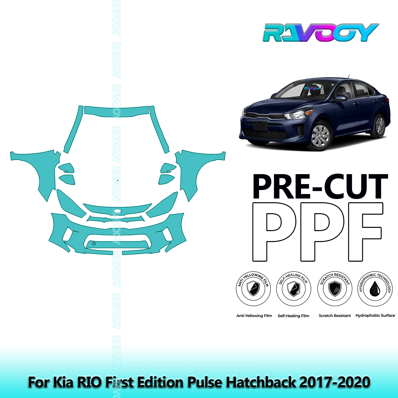 

For Kia RIO First Edition Pulse Hatchback 2017-2020 Front Kit 8.5Mil Precut Paint Protection Film PPF Clear Bra