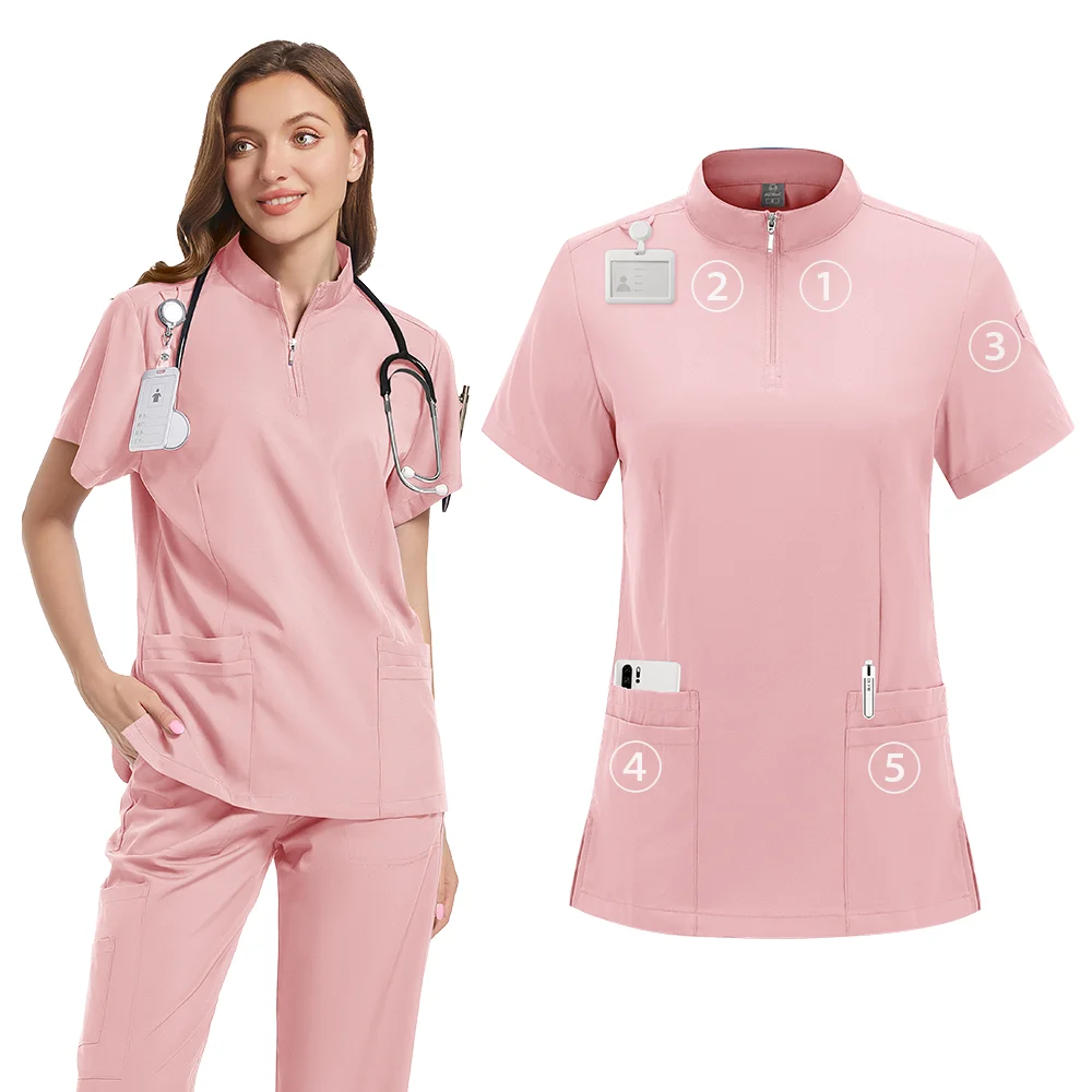 여성용 4 포켓 지퍼 넥 반소매 스크럽 탑 간호사 유니폼 여성 남성 의료 간호사 액세서리 병원 의사 유니폼