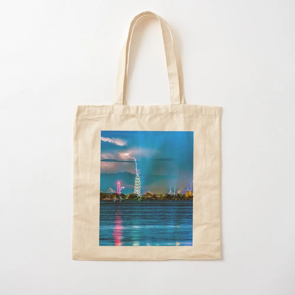 Lightning Storm Above Cedar Point Amusement Park Sandusky Ohio Tote Bag Reusable bags Shopper handbag Canvas Tote Bag