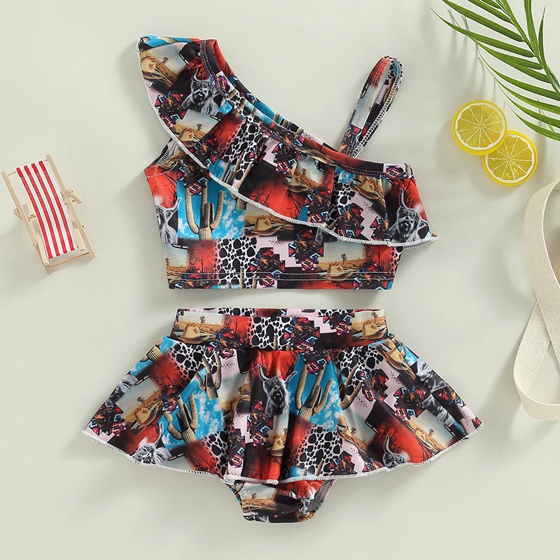 Girls Summer 2 Piece Western Floral Print Style Swimsuit Off Shoulder Sleeveless Floral Top + Tutu Skirt Ruffle Shorts Swimsuit