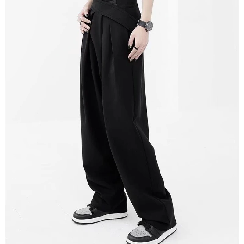 Estilo designer preto perna larga calças de terno masculino cintura alta calças largas com detalhe velcro unisex casual roupas diárias