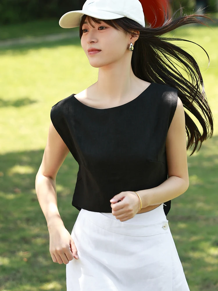 Chaleco redondo de lino puro Svel Ne para mujer, ropa de abrigo informal holgada de verano, camiseta sencilla para ir al trabajo