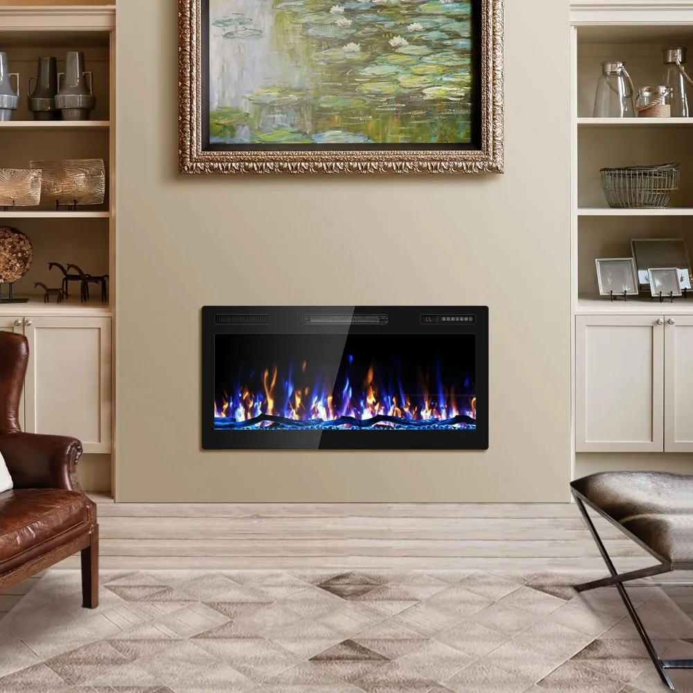 Ultra-Slim Bezel Electric Fireplace, Wide Screen HD Flame, Modern Wall-Mounted Fuel Bed Logs, Recessed Design for Contemporary H