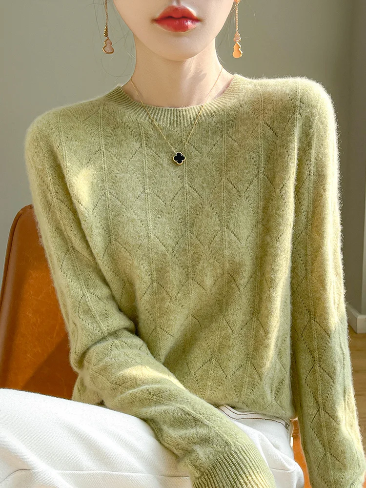 New pattern 100% Merino Wool Sweater Cashmere Pullover O-Neck Women Knitting Long sleeve Comfortable Diamond Lattice Basic Tops