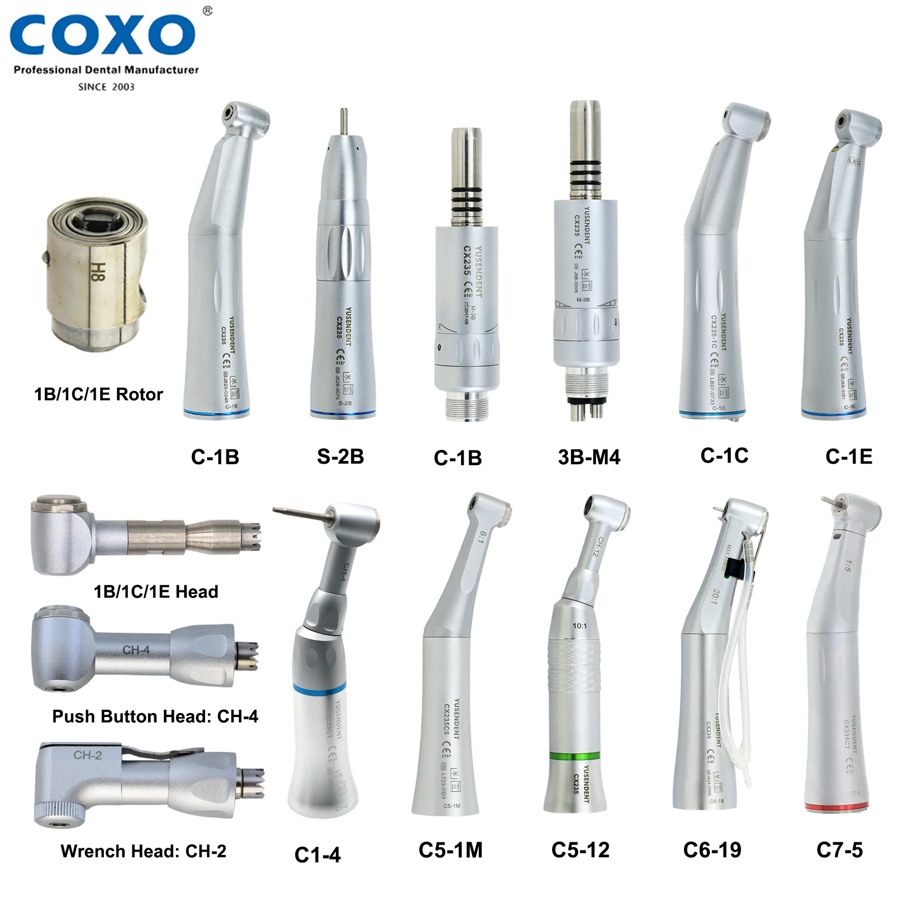 COXO Contra Angle Handpiece Dental LED Low Speed Handpiece Reduction /Increase Ratio Inner Channel E Type Dental Tools CX235