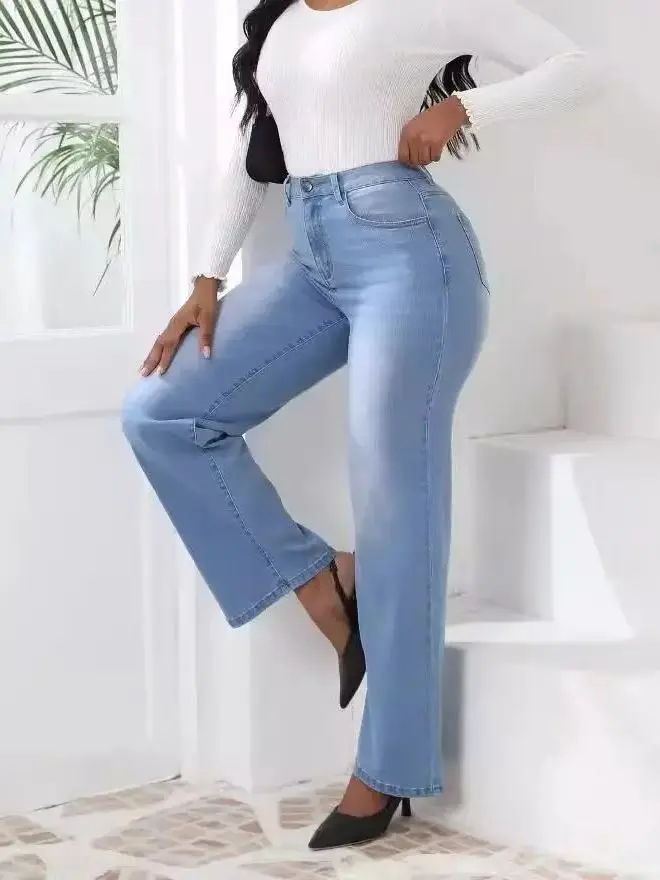 

Faionable Vintage mid Waist Elastic Straight Jeans for Women High Elastici PU Fabric Cleanfit Sle Suitable for Middle-aged