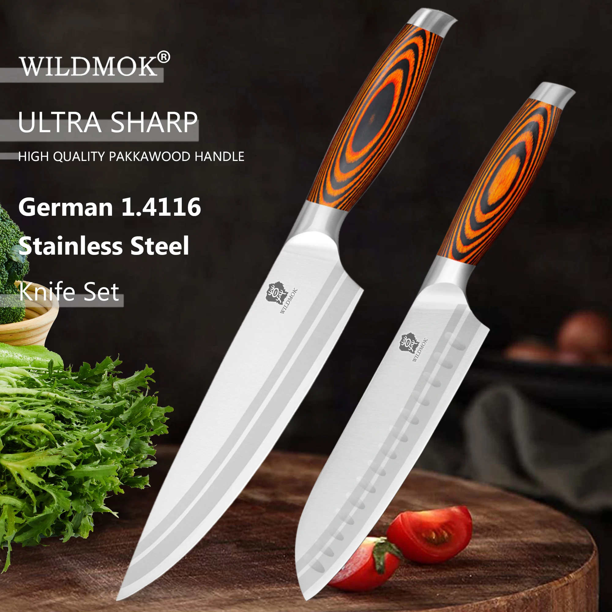 WILDMOK 2PCS German 1.4116 Steel Suitable Kitchen Knives Set For Kitchen Cooking Cutting Meat Slice Chef Knife Set Kitchen Tools