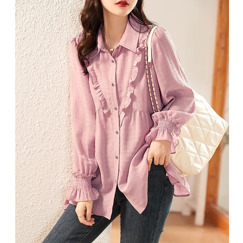 Pink Sweet Ruffle Chic Casual Street Button Shirts Korean Fashion Elegant Loose Long Sleeve Tunic Top Blouse Women Blusas Mujer