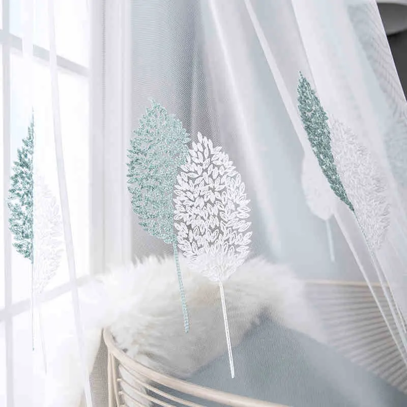 Modern White Tulle Curtains for Living Room, Leaf Embroidery, Sheer Curtain, Bedroom Blinds Gauze for Screening, Window Drapes