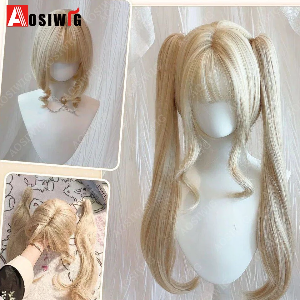 Light Blonde Detachable Double Long Ponytail Synthetic Full Wig With Bangs Sweet Doll Lolita Style Wig for Women Daily Cosplay P