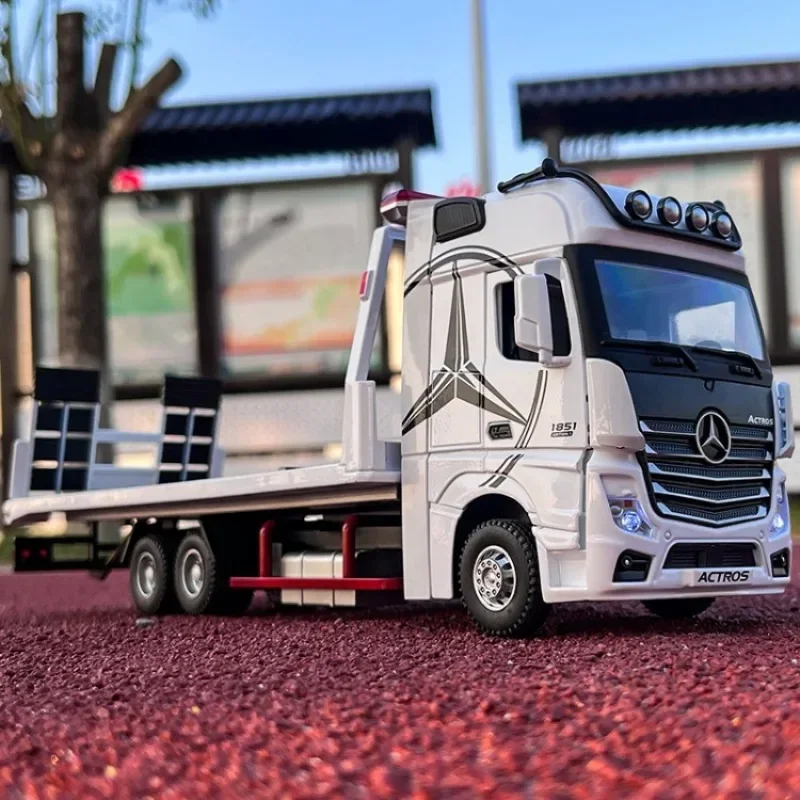 

Diecast 1:24 Mercedes-Benz Flatbed Trailer Car Model Metal Transport Vehicle Sound Light Voiture Miniature Collective Kids Toys