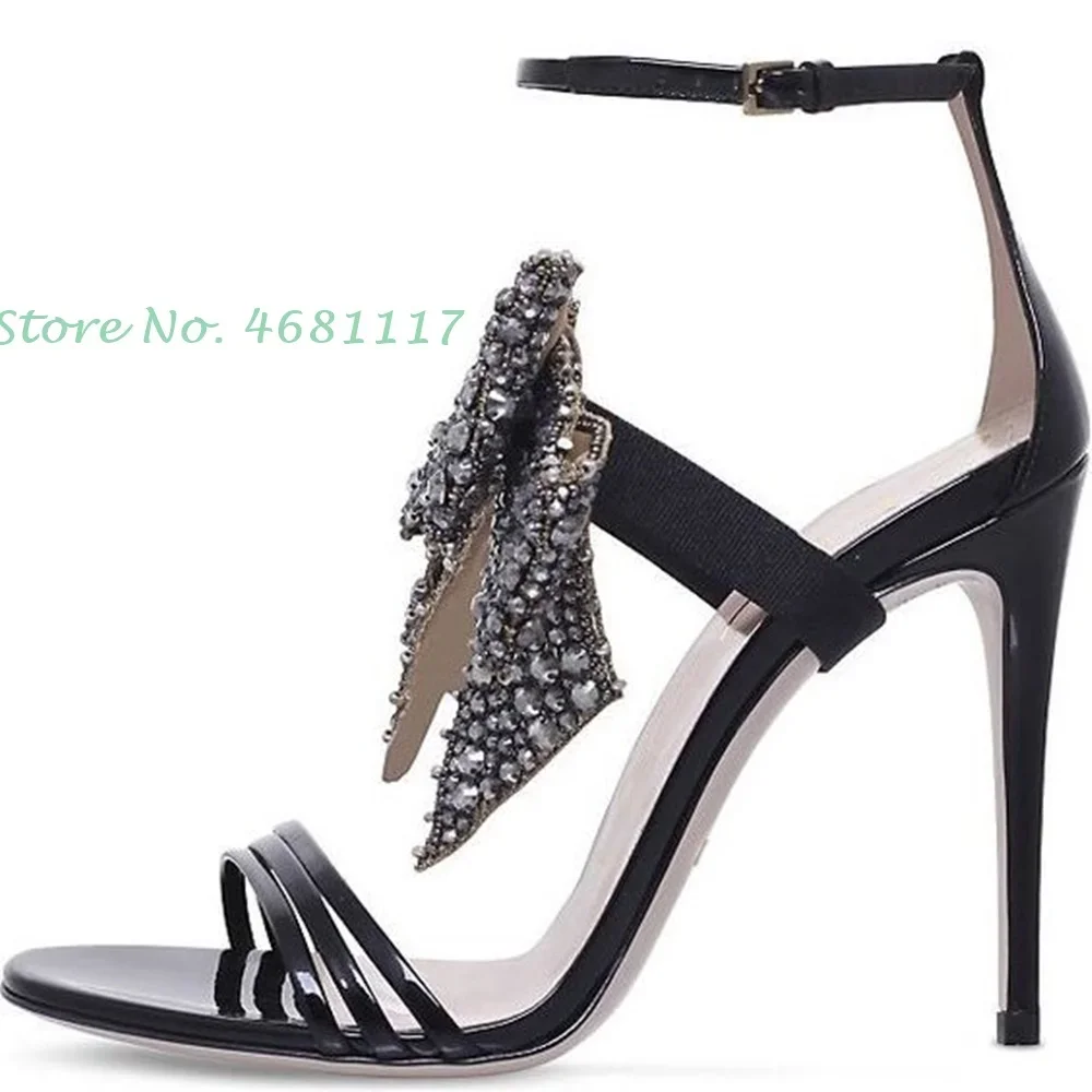 

Grey Crystal Butterfly Women's Sandals With Heel Casual Buckle Super High Stiletto Heels Summer Elegant Ladies Party Sandals