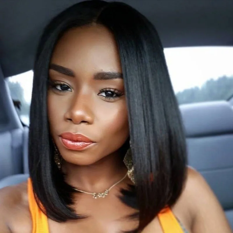 Peruka z przedziałkiem na środku, modny bob, czarne krótkie proste włosy, fryzura bobo, włosy z włókna wysokotemperaturowego, krótkie włosy.