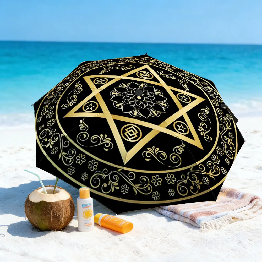 1PC Gold Pattern Umbrella by the Lake with Scenic Mountain View Print 8 Iron Ribs Folding Umbrella Auto-Open Fashion Sunshade