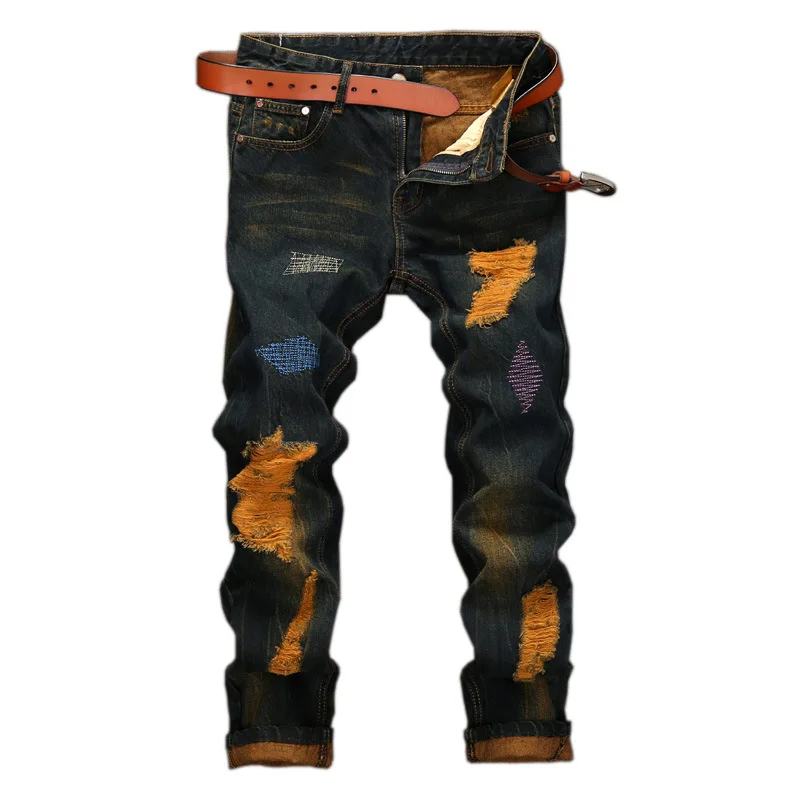 Men's Ruined Denim Jeans Hole Trousers Ripped Large Size Straight Hip Hop High Street Brand Fashion Male Pants