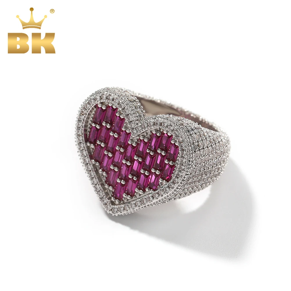 THE BLING KING Big Baguettecz Heart Ring Full Paved Out Square Red Purplle Cubic Zirconia HipHop Ring Punk Jewelry For Men Women